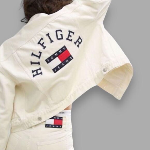 Tommy Hilfiger Jeans Jacket WMNS L Pale Yellow 90’s Girlfriend‎ Trucker Denim - Picture 1 of 15